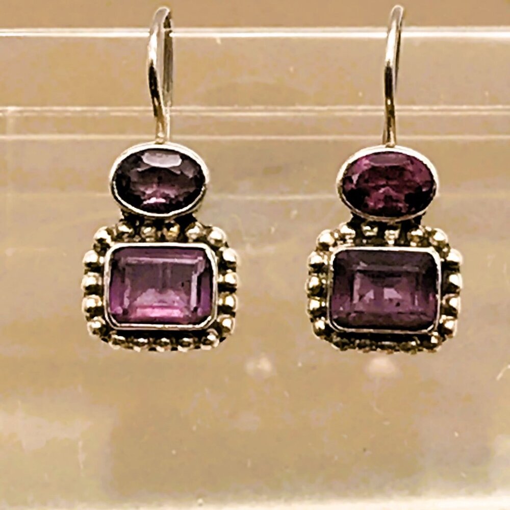 Faceted Amethyst Sterling Silver .925 Earrings Bali Emerald Cut Boho February